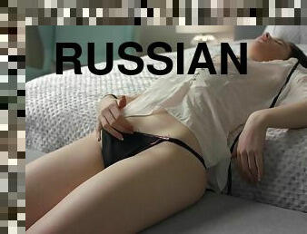 Cute Russian sensually rubs her perfect pussy