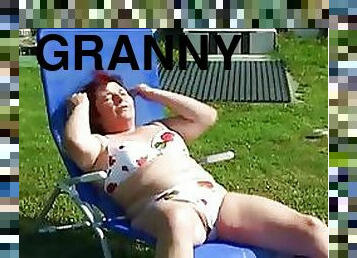 Pierced BBW Redhead Granny Masturbates and Fucks a Teen Cock Outdoors