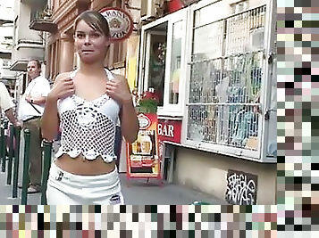 Voyeur Brunette Flashes Her Juicy Boobs and Shaved Pussy In Public