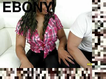 Chubby ebony-skinned cougar with big tits enjoying a hardcore interracial fuck