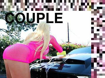 After washing a car in her bikini, this blonde gets drilled doggstyle