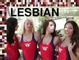 The sporty, hot girls on a swim team have lesbian group sex