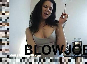 Horny brunette mom gives a blowjob after smoking a cigarette