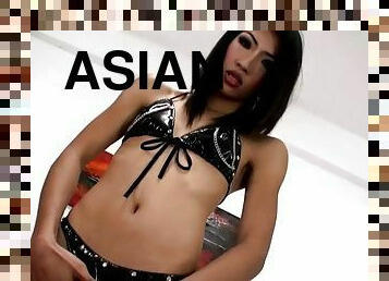 Femboy thin Thai masturbates in lingerie fishnet and leather