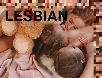 Elegant teens play romantic in a superb lesbian trio