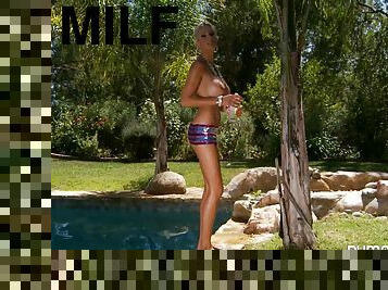 Oiled up Puma Swede rides dildo outside by the pool