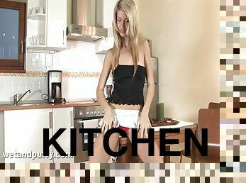 Curvy solo model blonde with hot ass masturbating passionately in the kitchen