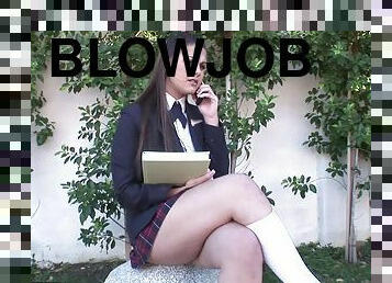 Schoolgirl in uniform gives blowjob before her shaved pussy fixed doggystyle