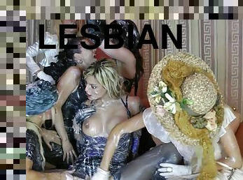 Kinky lesbian porn star with big boobs enjoying a messy gangbang