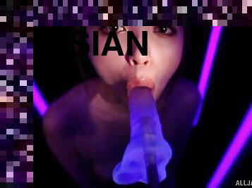Asian floozy showing off her cream covered ass under a black light