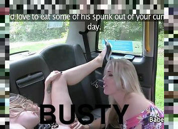 Busty lesbians fuck in the taxi