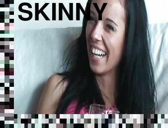 Skinny teen with big smile strips nude