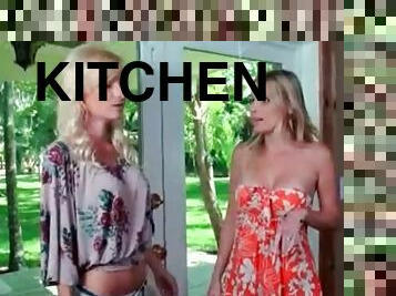 Sexy housewives hook up in the kitchen lustily