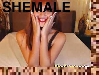 Solo shemale in red lipstick plays on webcam