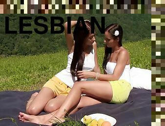 Small tits lesbian in shorts having her pussy licked outdoor