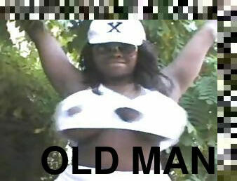 Old man and ebony with natural big tits