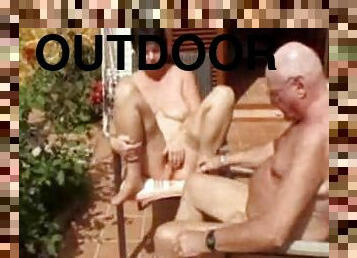 Horny old lady naked outdoors with hubby