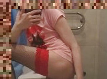 Sissy mirror dildo in bathroom