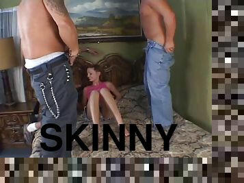 Skinny girl and her three big cock guys have a gangbang