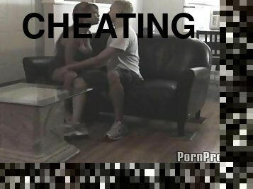 Hidden cams film a cheating slut fucking a guy on her couch
