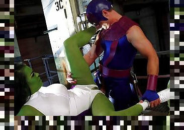 Horny senorita with the green skin is banged by the hung superhero