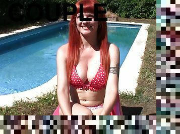 Polka dot bikini babe with pretty red hair enjoys his dick