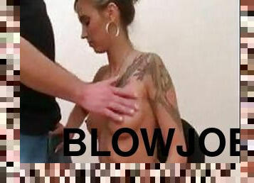 Shoulder tattoo girl sucks until a facial