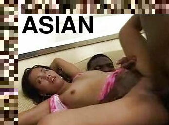 Cute Asian does a DP with black guys