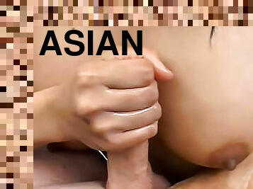 Asian with perky big tits strokes dick