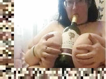 Wine bottle tit n pussy fuck