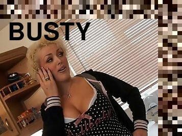 Short-haired busty blondie Rebecca Jane Smythe gets her asshole banged