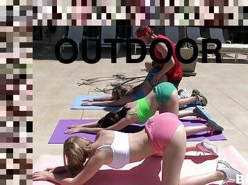 Three chicks do yoga at the beach then have a foursome with the instructor