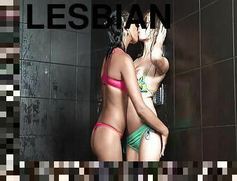 Interracial lesbian couple having sex in the shower