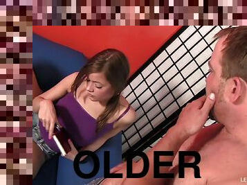 Adorable girl does it all to an older man including licking his ass