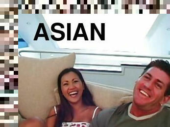 Foot fetish fun as he sucks an Asian girl's toes while fucking her