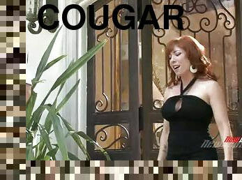 Wild cougar with long red hair and a stunning pierced pussy licking and sucking a stranger's cock