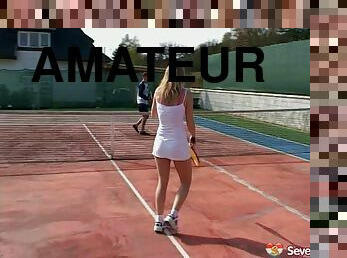 Light-haired teen gets her sex-starved muff thrilled nicely on the tennis court