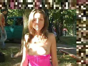 Slutty pink outfit on teen in public