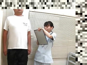 Japanese nurse enjoys while having clothed sex with her patient