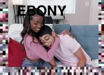 Dashing young ebony babe shoves nerdy guy's cock in both holes