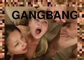 Six girls and three guys enjoy a hardcore gangbang