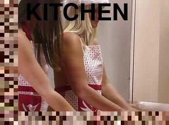 Kitchen Christmas time fun with a blonde and a brunette