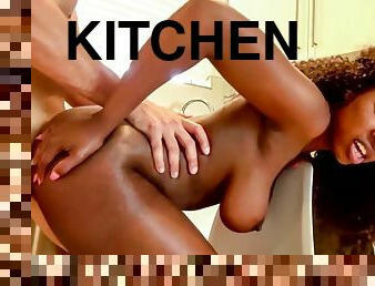 Intense interracial spanking in the kitchen