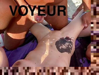 Multiple cumshots on the beach, doggystyle, cum, voyeurs, gangbang