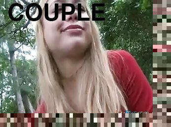 Blonde teen working a dick in the park