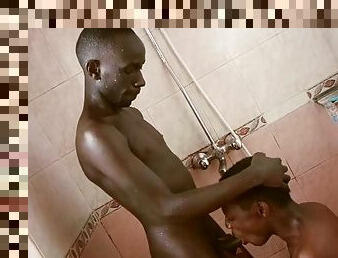 Ebony twink from Africa gets fucked after blowjob in the shower