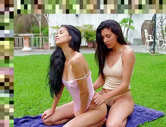 Hot Amy Velez gets her wet pussy pleased by Katrina Osuna outdoors