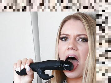 Curvy blonde plays with her black dildo way harder than expected