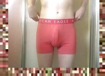 College Twink Peeing in Pink Trunks and Getting Hard