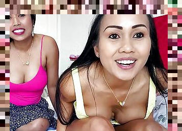Busty amateur Thai lesbian girlfriends Joon Mali kissing and licking pussy